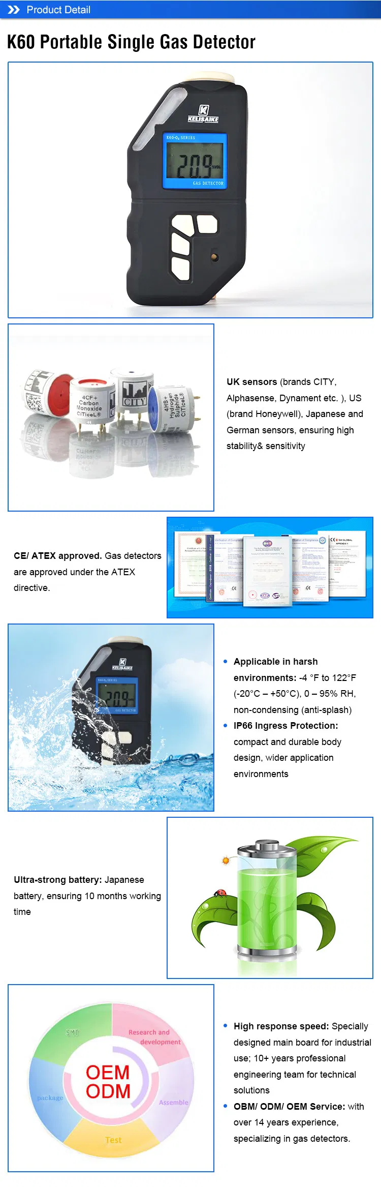 Portale Gas Detector K60 Single Gas Detector for Industrial Use